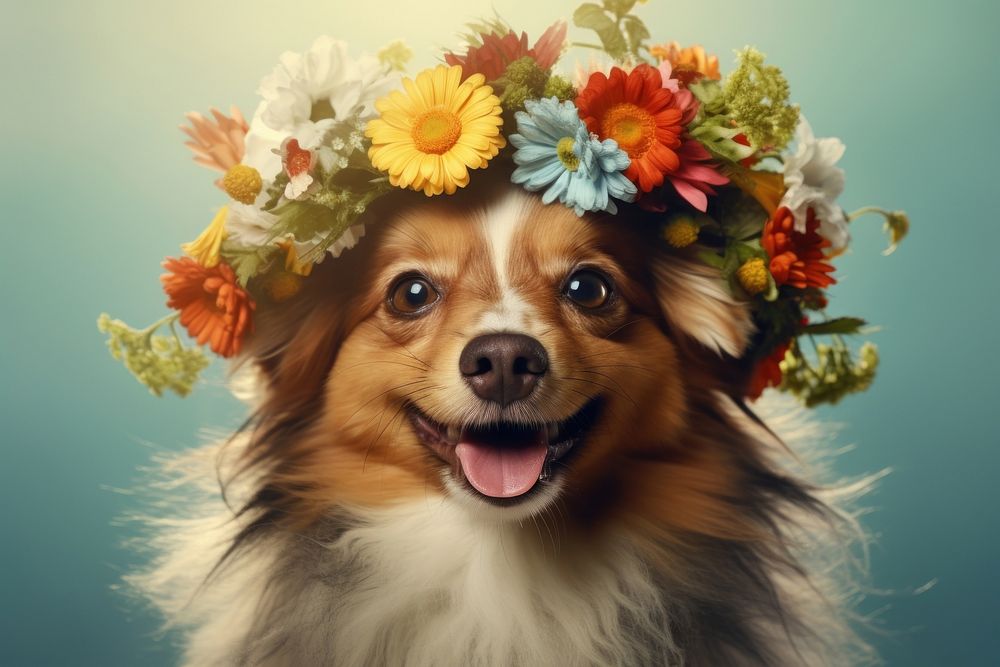 Cute dog with flower on head portrait mammal animal.