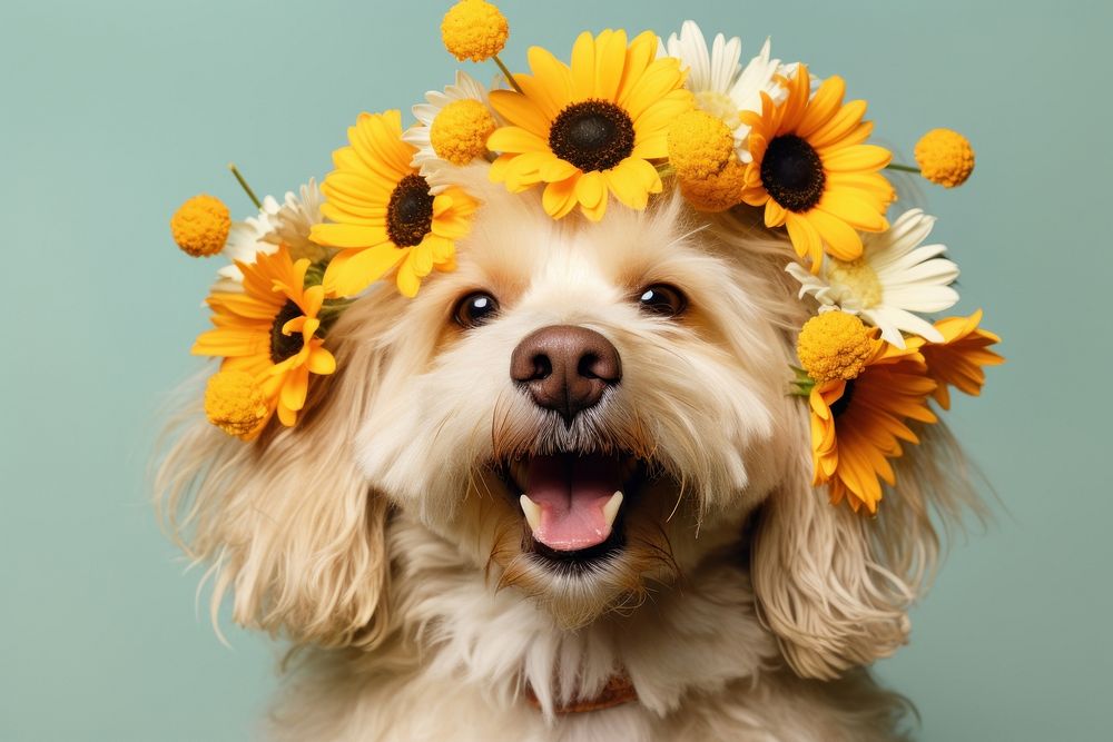 Cute dog with flower on head portrait sunflower mammal.