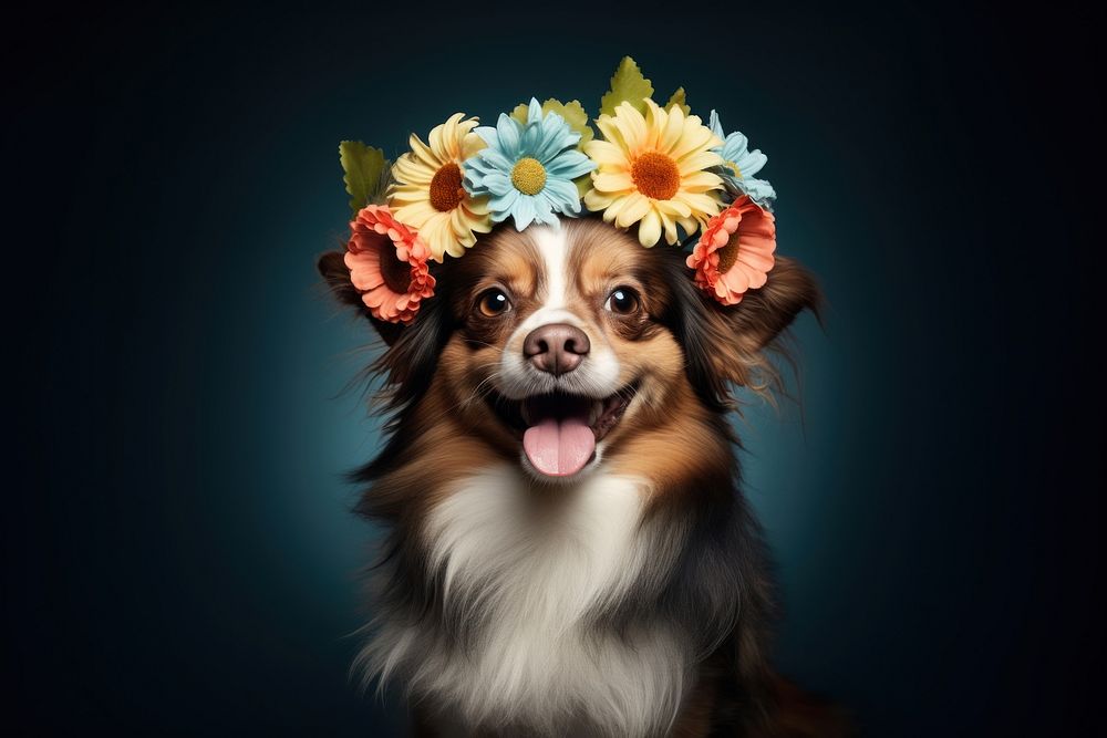 Cute dog with flower on head portrait mammal animal.