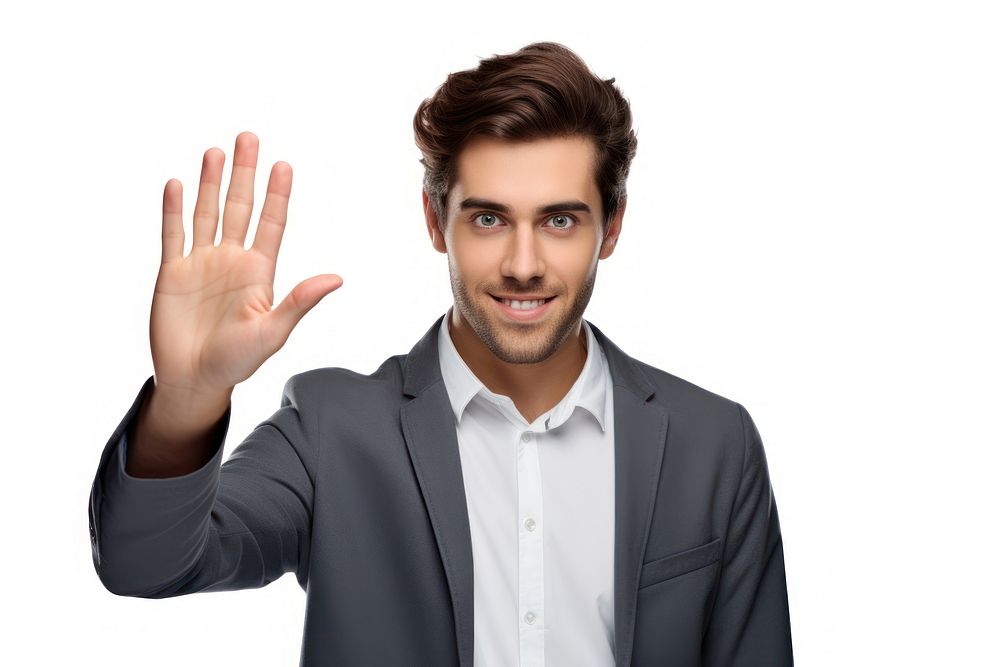 Young handsome man extending hands to the side for inviting to come portrait finger adult.
