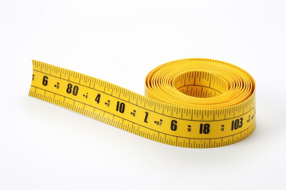Yellow measuring tape white background measurements accuracy.