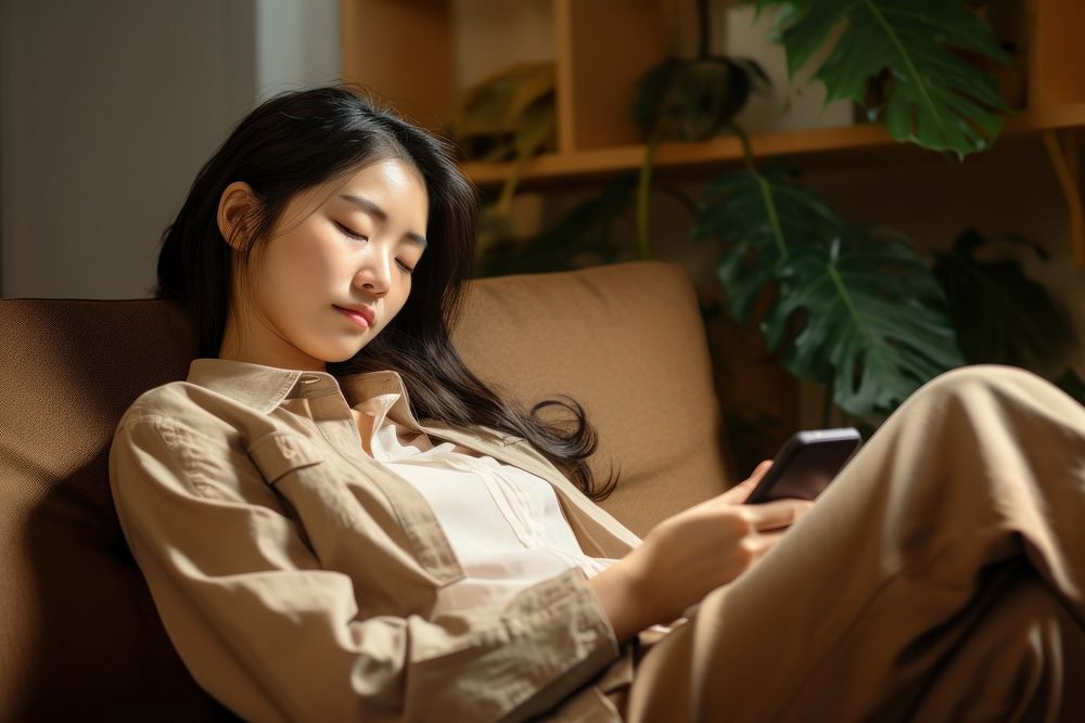 Chinese woman with smartphone reading adult sofa.