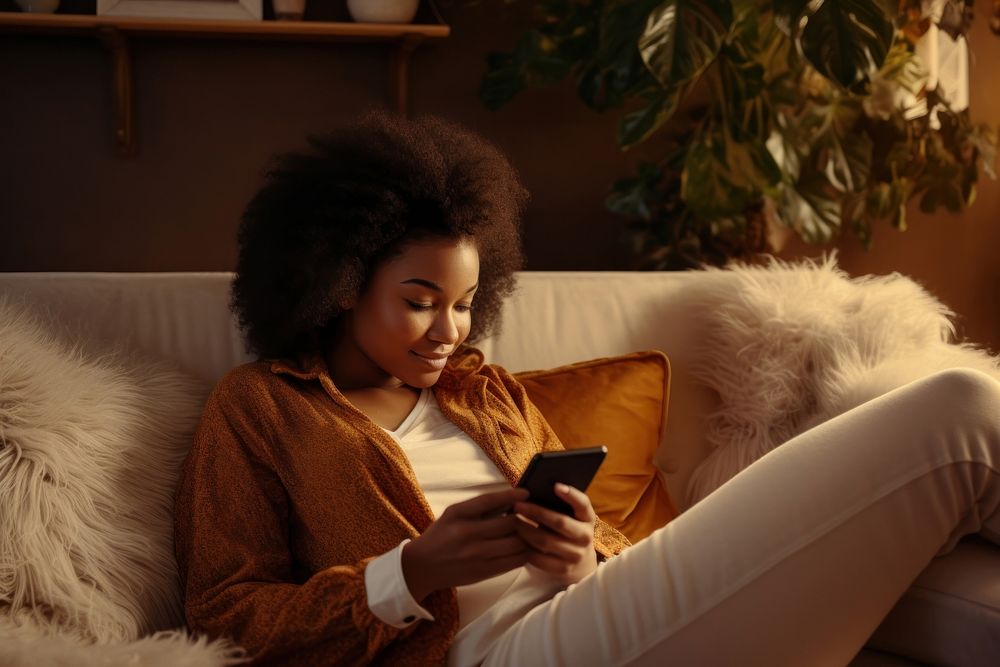 African-american woman looking at smartphone sitting adult sofa.