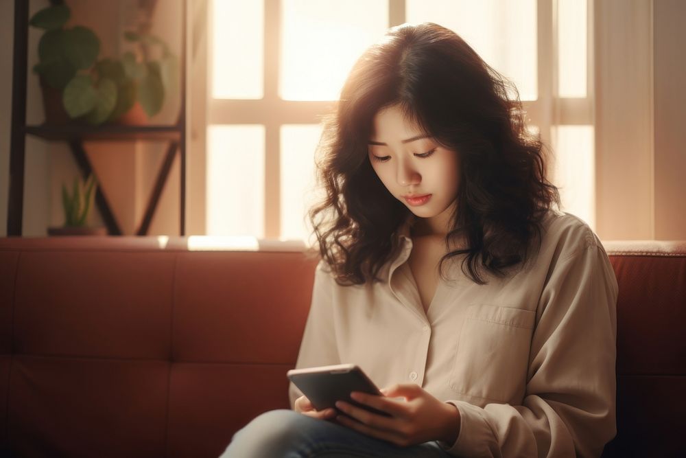 Korean woman looking at smartphone sitting reading adult.