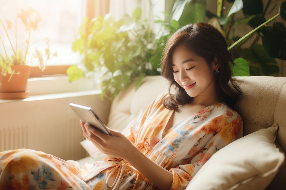 Korean woman looking at smartphone sitting adult sofa.