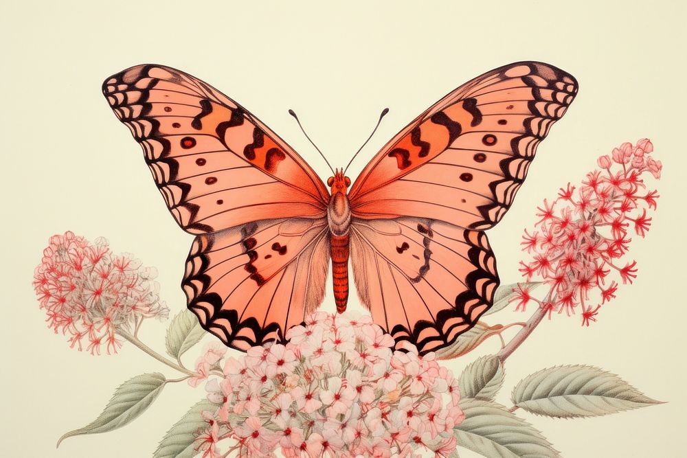 Vintage drawing of butterfly flower animal insect.