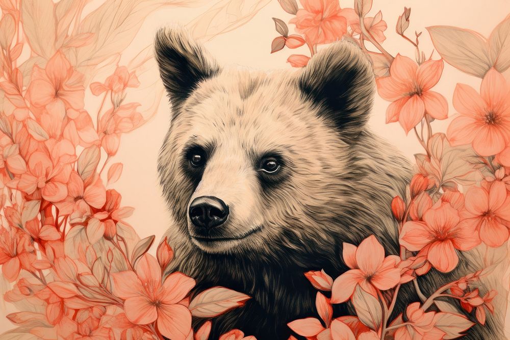 Vintage drawing of bear flower pattern mammal.