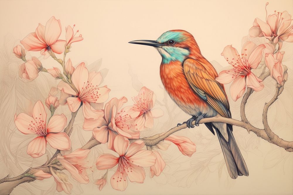 Vintage drawing of bird flower painting animal.