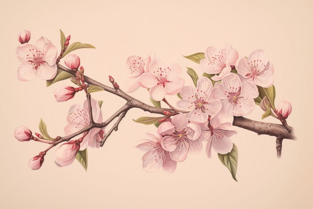 Vintage drawing of cherry blossom flower sketch plant.
