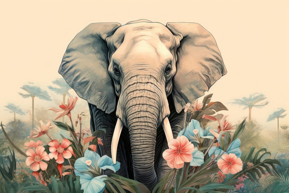 Vintage drawing of elephant flower wildlife outdoors.