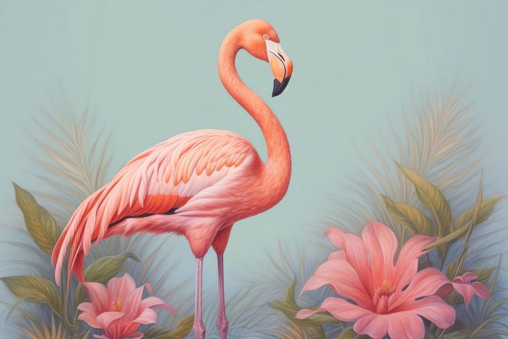 Vintage drawing of flamingo animal flower bird.