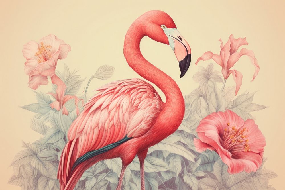 Vintage drawing of flamingo animal sketch bird.