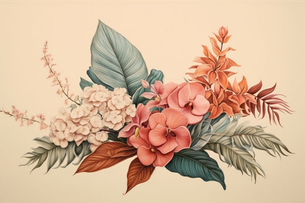 Vintage drawing of flowers sketch painting pattern.