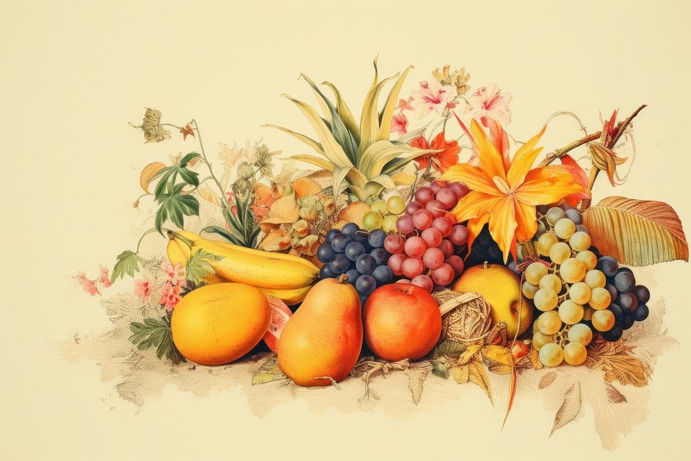 Vintage drawing of fruit pineapple painting banana.