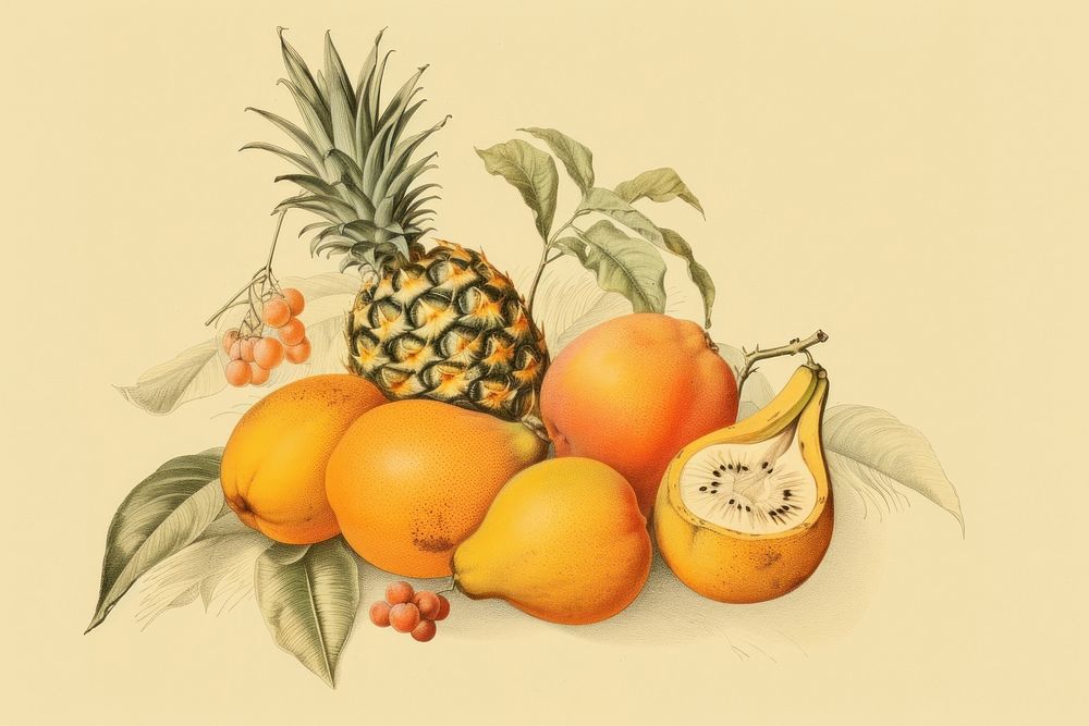 Vintage drawing of fruit pineapple plant food.