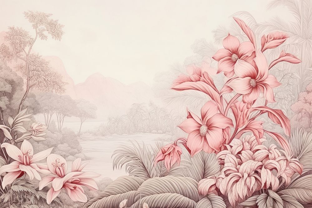 Vintage drawing of jungle flower sketch pattern.