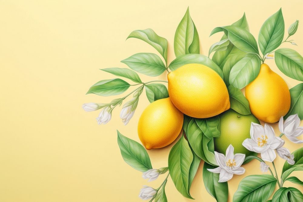 Vintage drawing of lemon flower fruit plant.