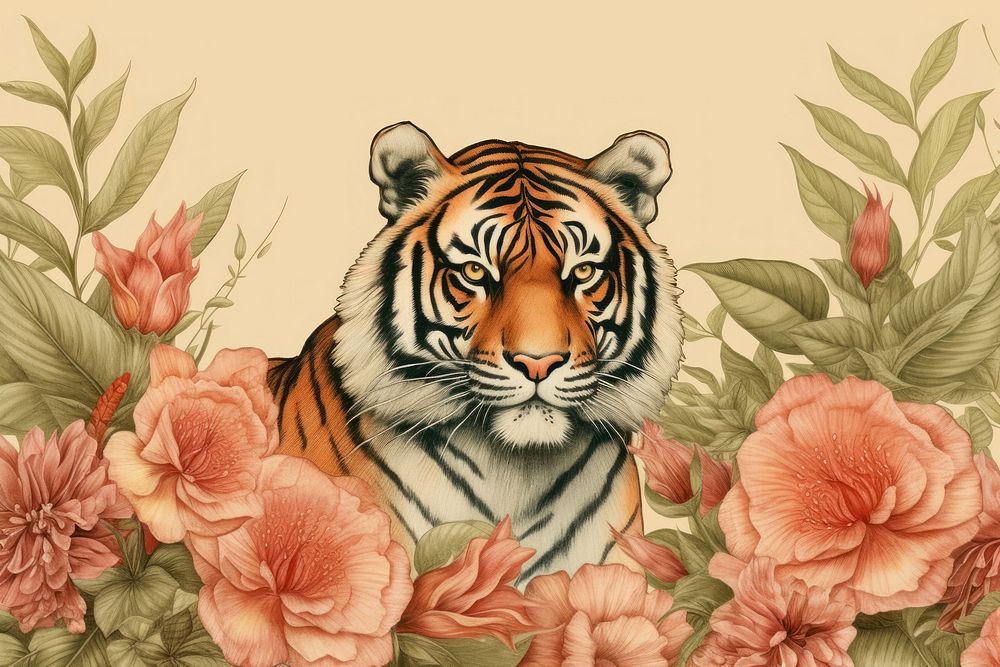 Vintage drawing of tiger wildlife pattern animal.