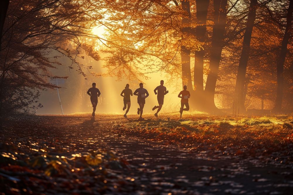 Runner group running autumn sunlight walking.