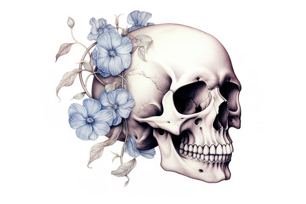 Skull with floral illustration drawing flower sketch.