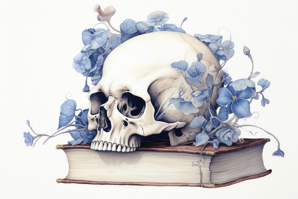 Skull on books with floral illustration publication drawing sketch.