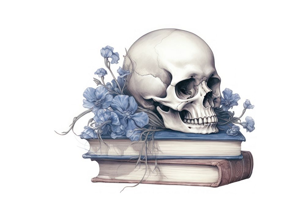 Skull on books with floral illustration publication drawing sketch.