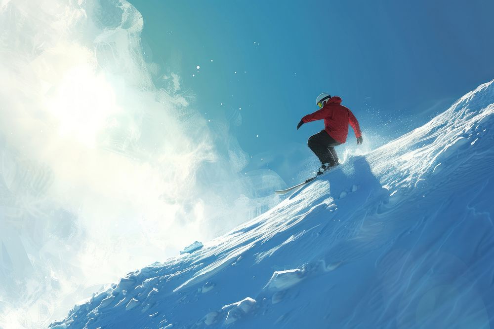 Snowboarder slides down on the snowy mountain side recreation outdoors nature.