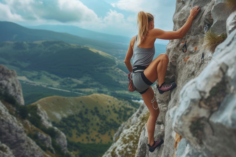 Sports Woman With slim fit body Climbing The Rock climbing sports recreation.