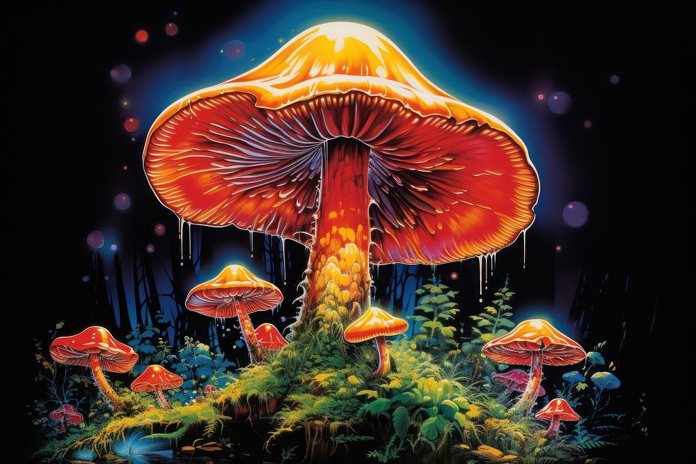 A vibrant mushroom on a mossy log outdoors nature fungus.