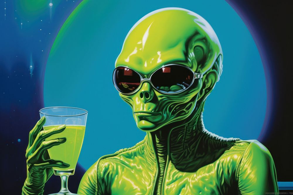 1970s airbrush art of a aliens green refreshment accessories.