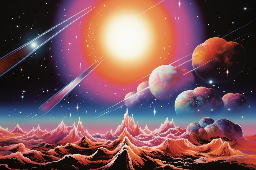 1970s airbrush art of a milky way astronomy universe outdoors.