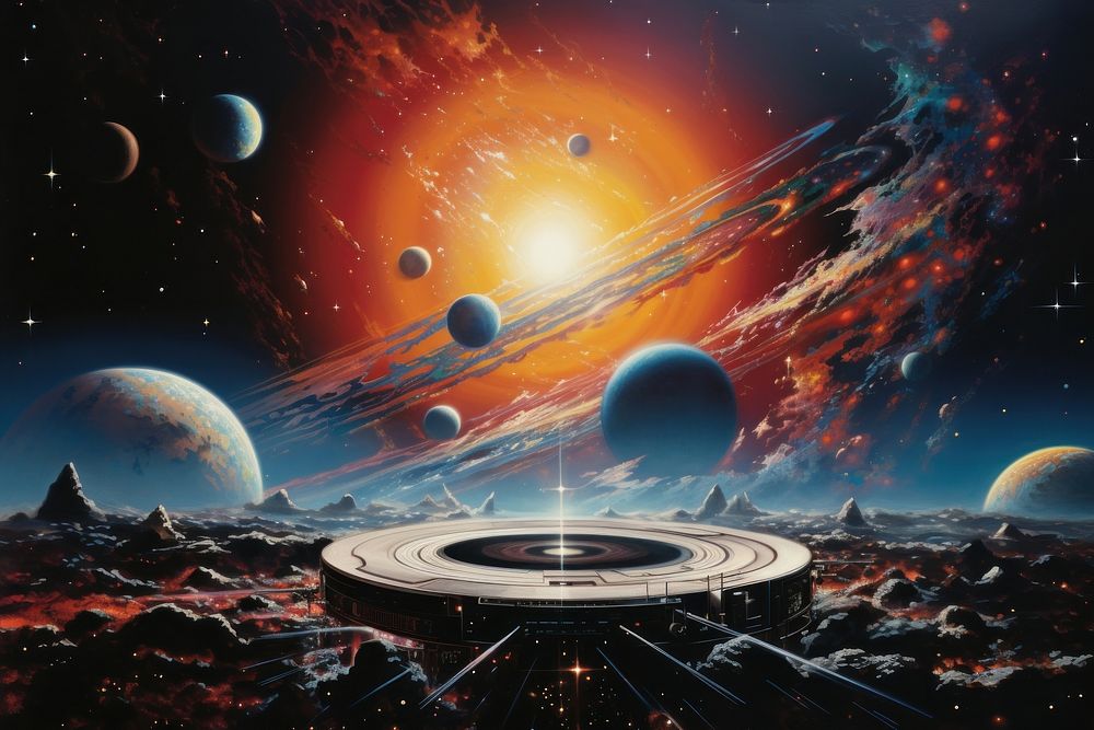 1970s airbrush art of a milky way astronomy universe outdoors.