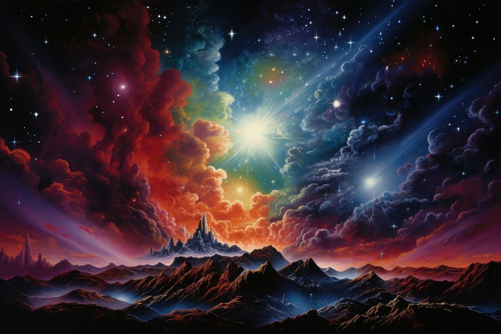 1970s airbrush art of a nebula landscape astronomy universe.