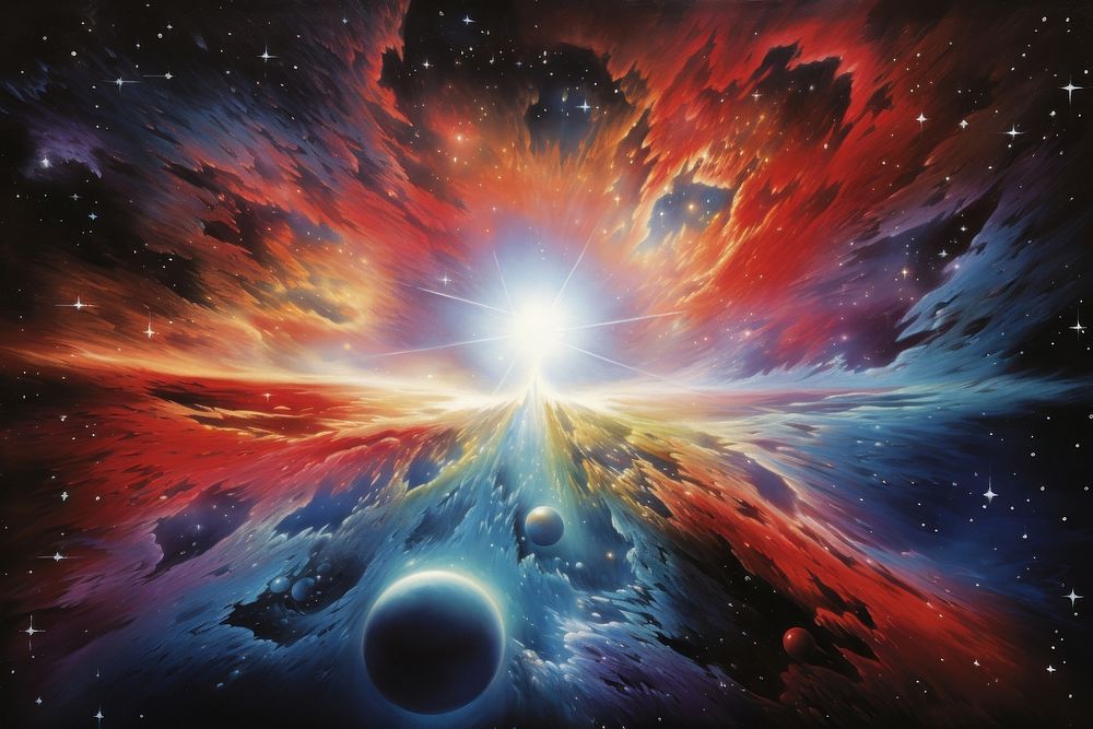 1970s airbrush art of a nebula astronomy universe outdoors.
