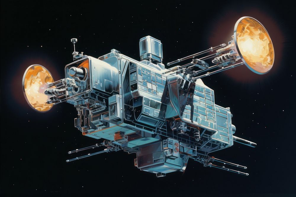 1970s airbrush art of a satellite astronomy vehicle machine.