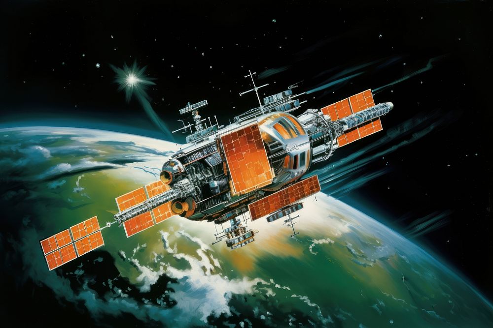 1970s airbrush art of a satellite astronomy outdoors space.