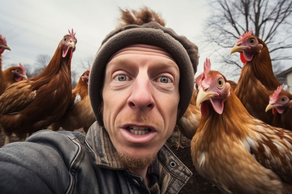 Selfie farmer portrait chicken poultry.