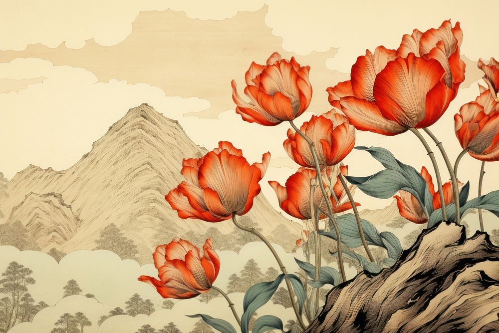 Ukiyo-e art print style Tulip outdoors flower plant.