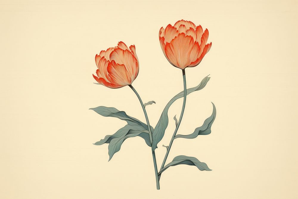 Ukiyo-e art print style Tulip pattern drawing flower.