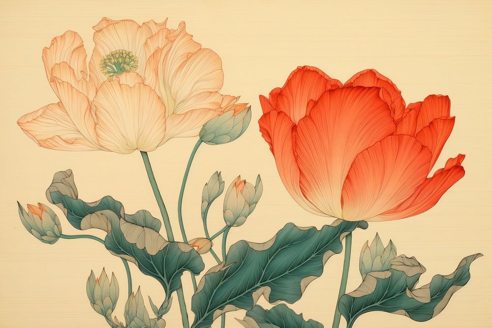 Ukiyo-e art print style Tulip painting pattern drawing.