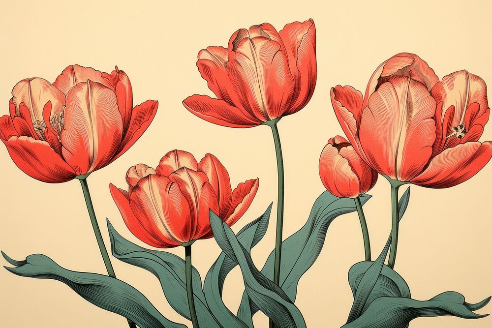 Ukiyo-e art print style tulips flower plant rose.