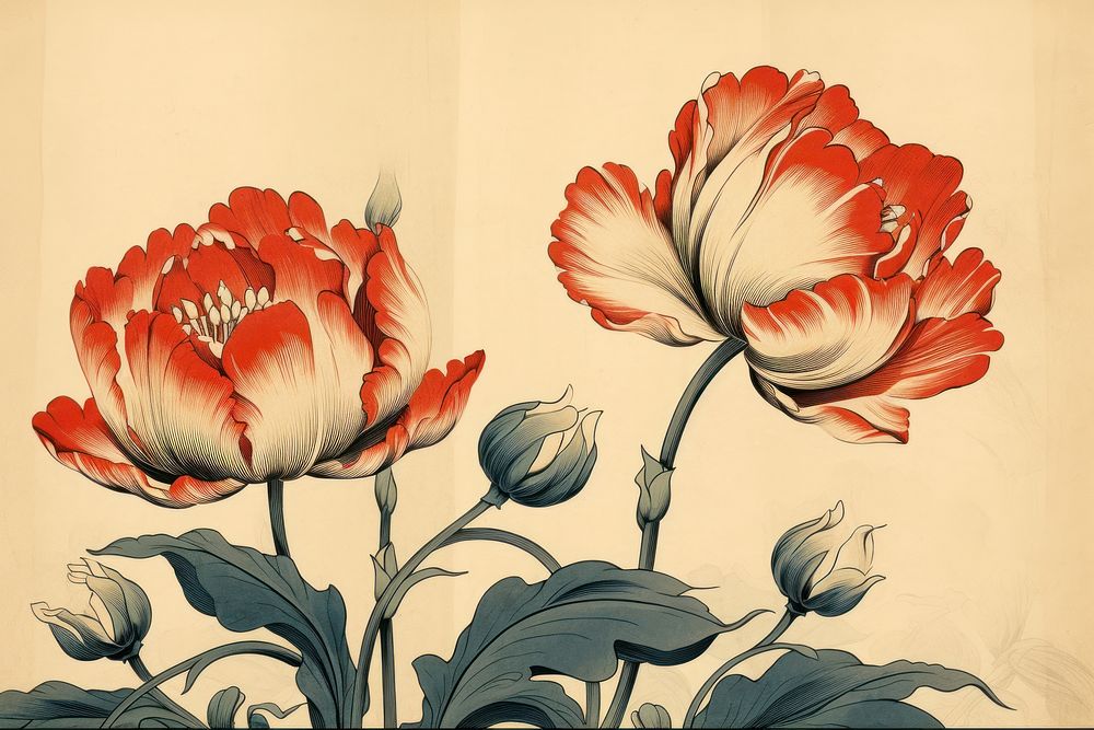 Ukiyo-e art print style tulips painting pattern flower.