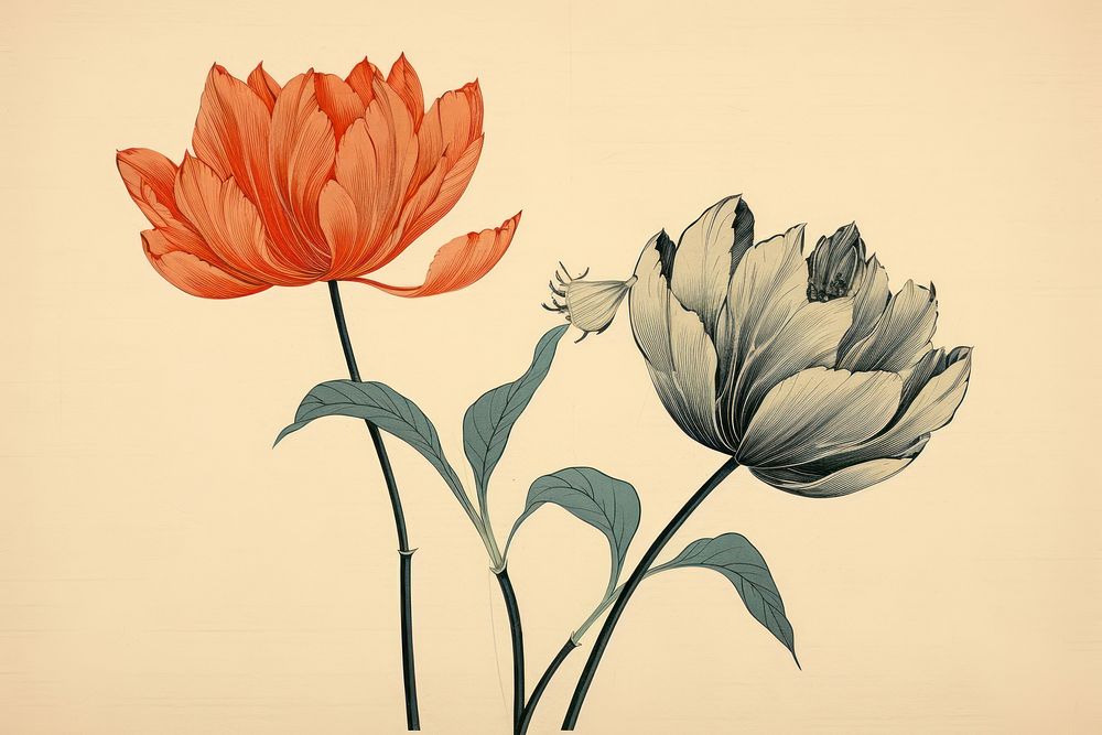 Ukiyo-e art print style tulips painting pattern drawing.