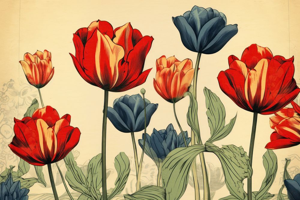Ukiyo-e art print style tulips flower plant red.