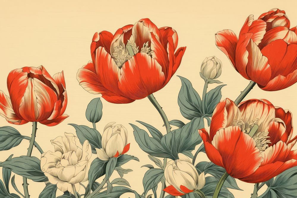 Ukiyo-e art print style tulips backgrounds pattern flower.