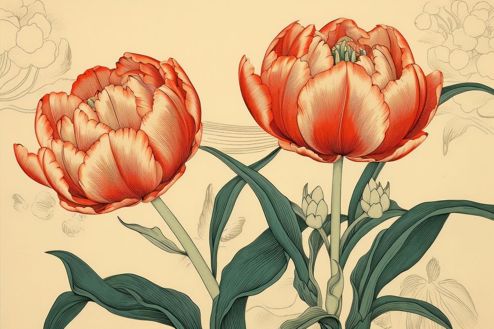 Ukiyo-e art print style tulips pattern drawing flower.
