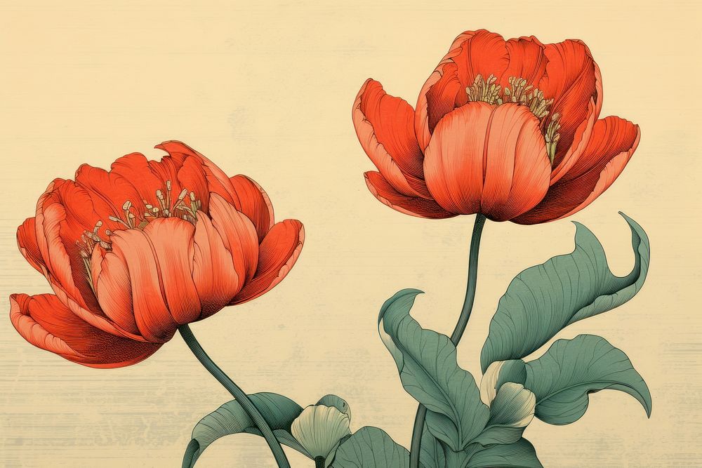 Ukiyo-e art print style tulips flower poppy plant.