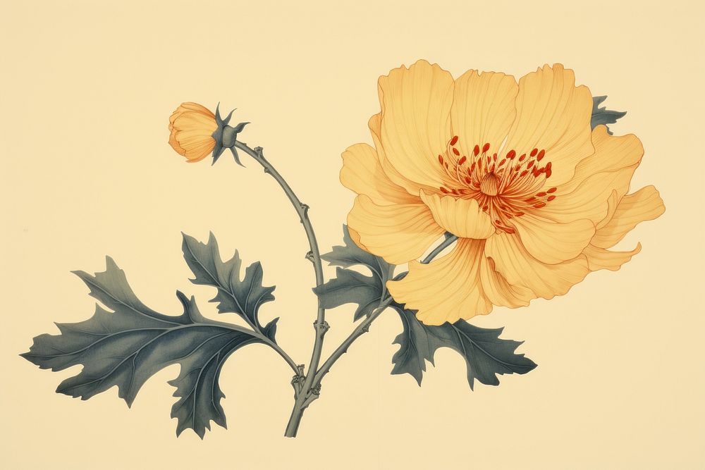 Ukiyo-e art print style yellow flower plant inflorescence asteraceae.