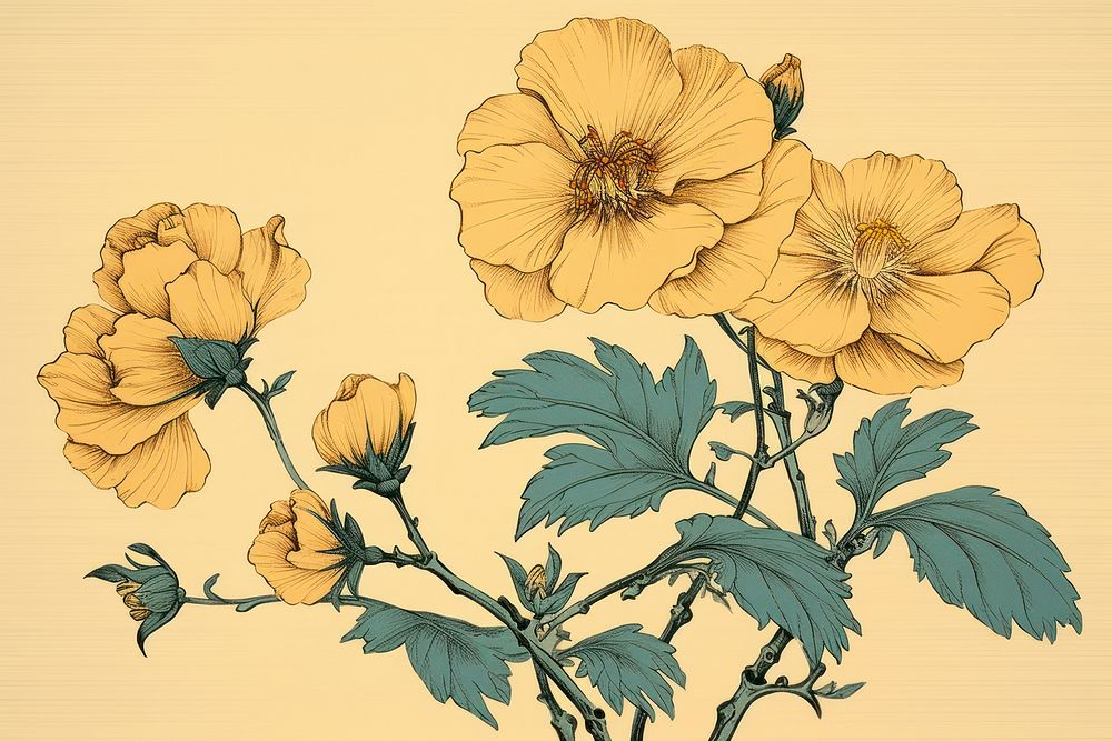Ukiyo-e art print style yellow flower pattern drawing sketch.