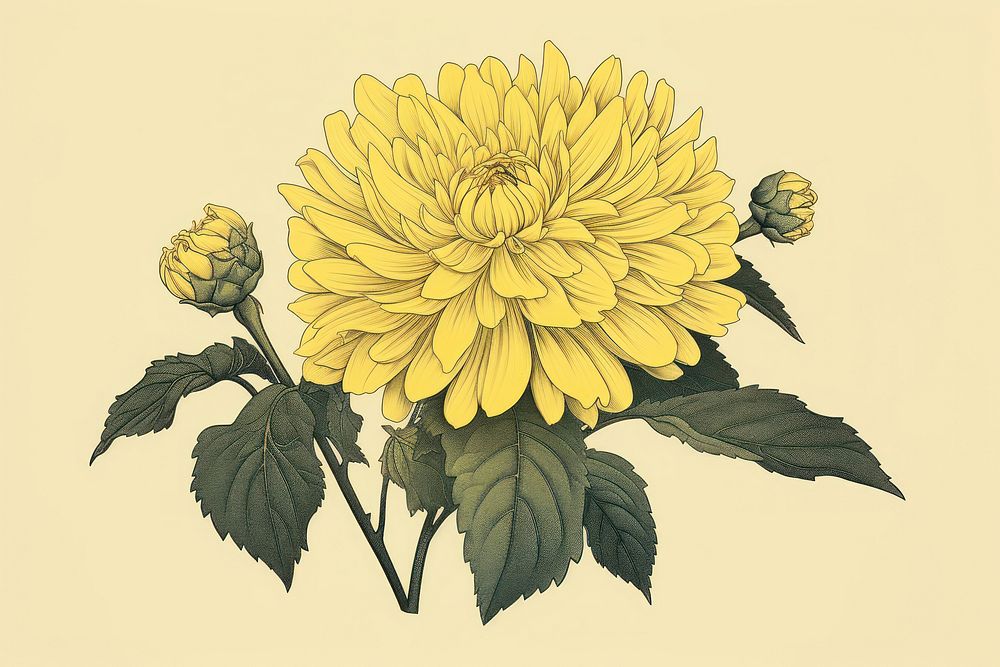 Ukiyo-e art print style yellow flower sunflower dahlia plant.
